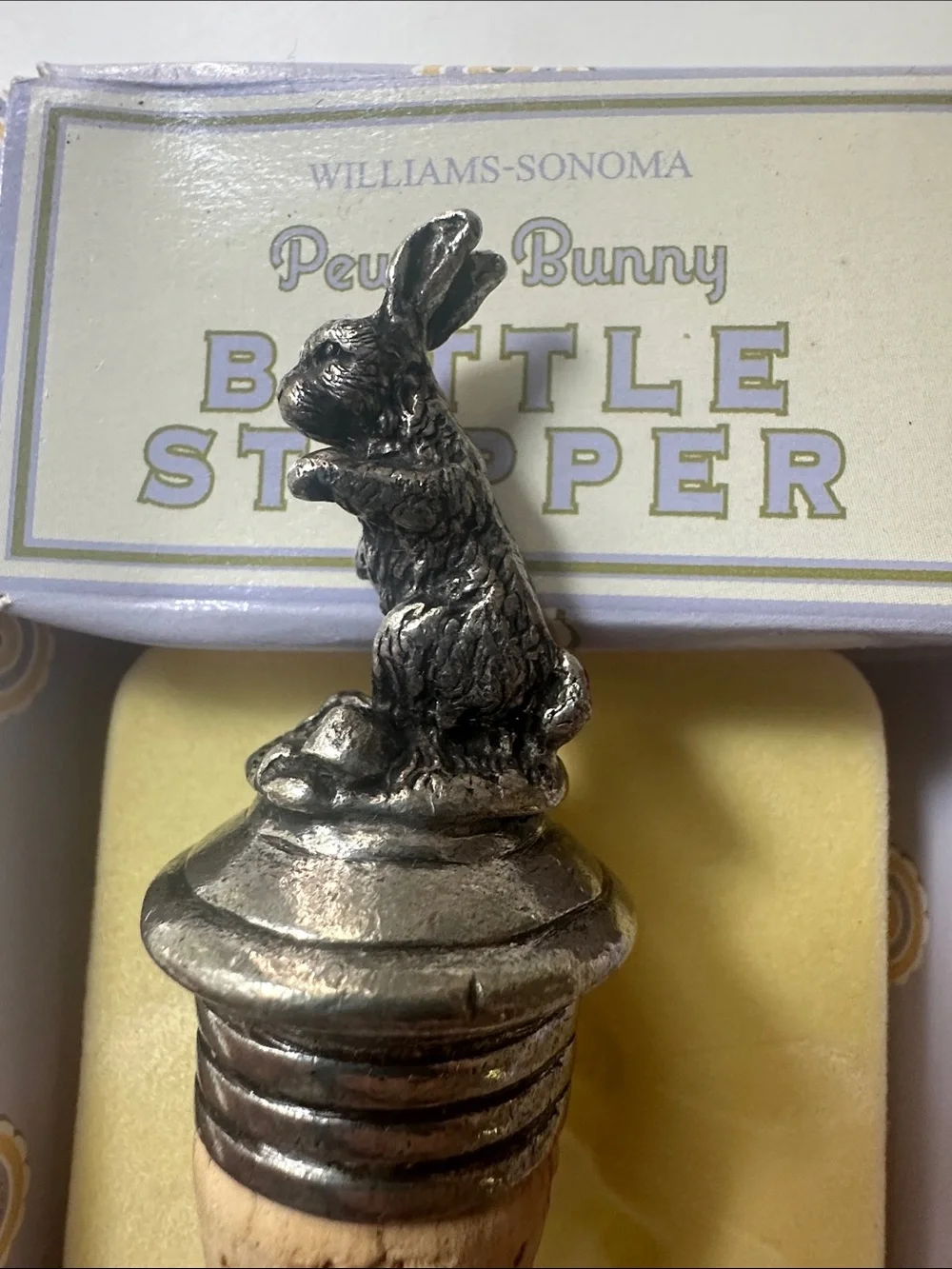 Vintage new Williams-Sonoma Silver Pewter Bunny Bottle Stopper with Natural Cork
